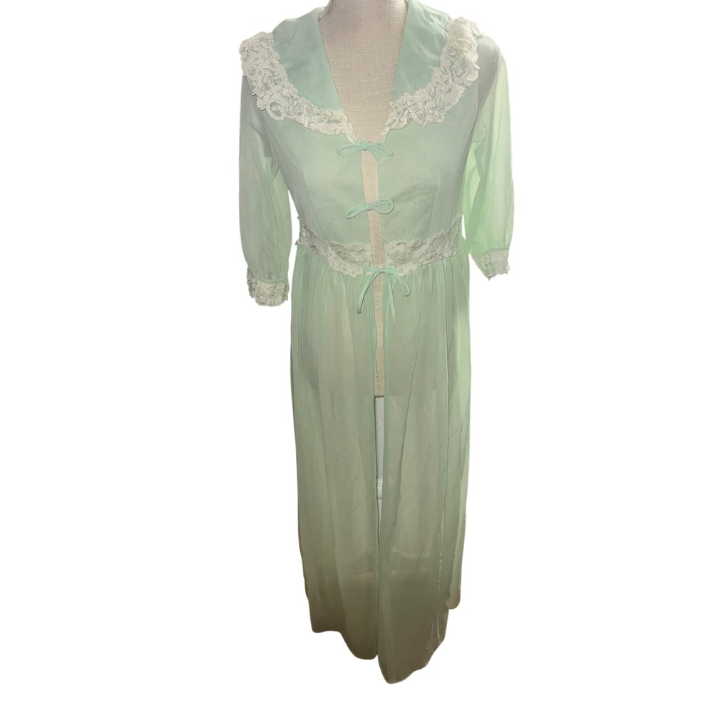 Vintage Mint Green Sheer Nylon Lace Trim Long Robe Nightgown Tie Front READ